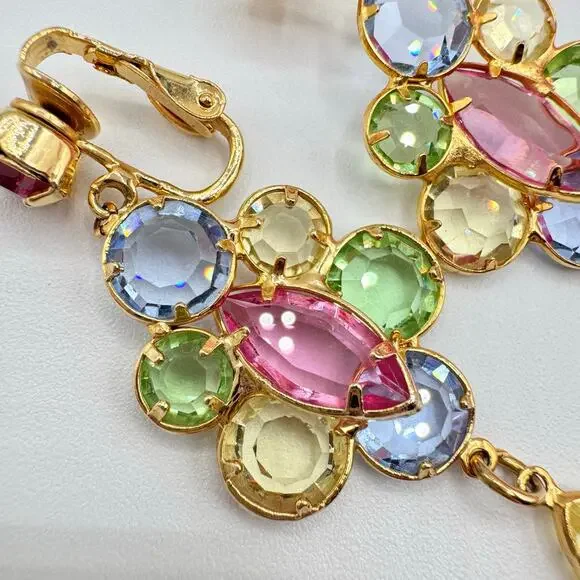 Vintage Austrian Crystal Clip On Earrings Pastel Ethereal Spring Fairycore Long - Picture 7 of 16